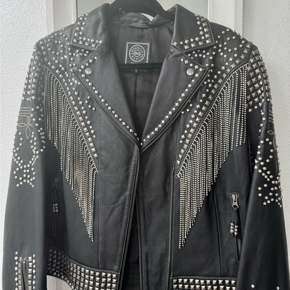 Double D Ranch Black Leather Stud & Chain Fringe Jacket